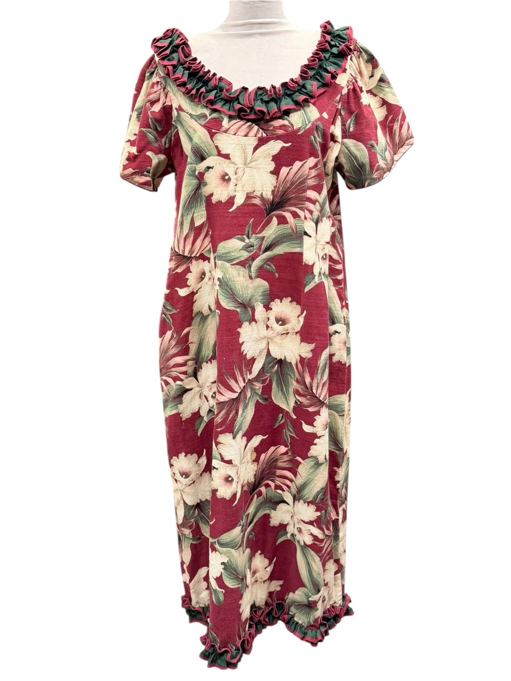 VTG Karyl Kaye Muumuu Dress Hawaiian Floral Tropical Ruffle Neck Maxi Sz 16 READ
